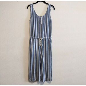 Cloth & Stone Blue/White Striped Cropped Wide Leg Linen Blend Jumpsuit - Large